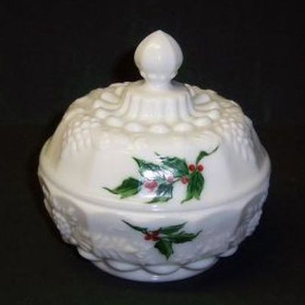 Westmoreland Milk Glass Paneled Grape Holly Puff Box or Dresser Box with Lid